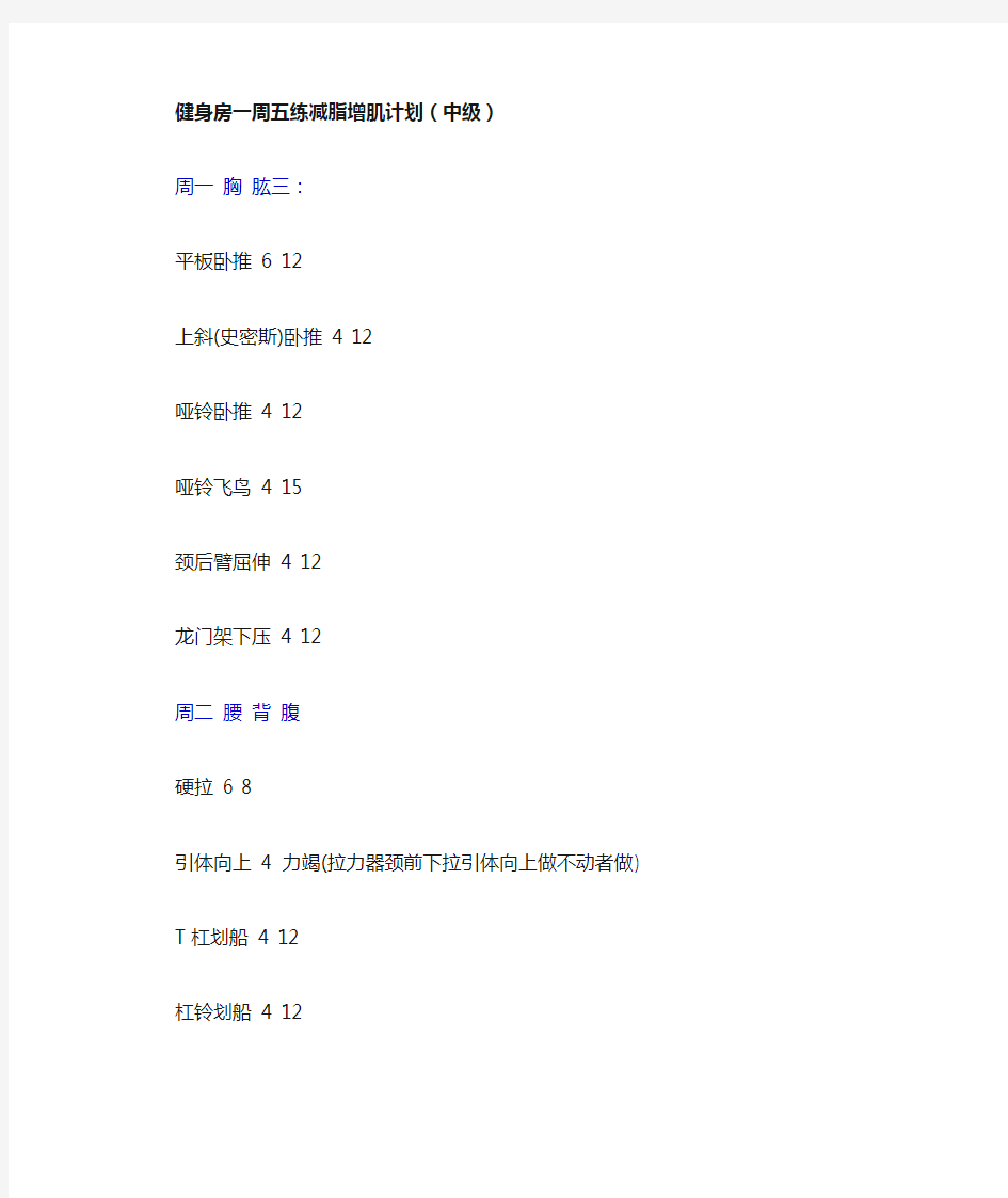 健身房一周五练减脂增肌计划(中级)