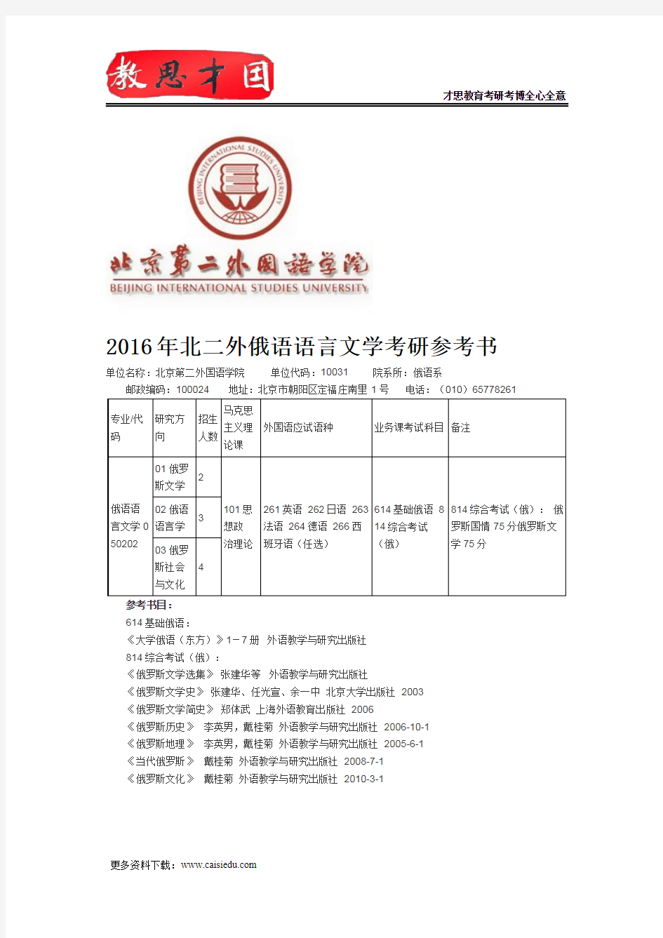 2016年北二外俄语语言文学考研参考书