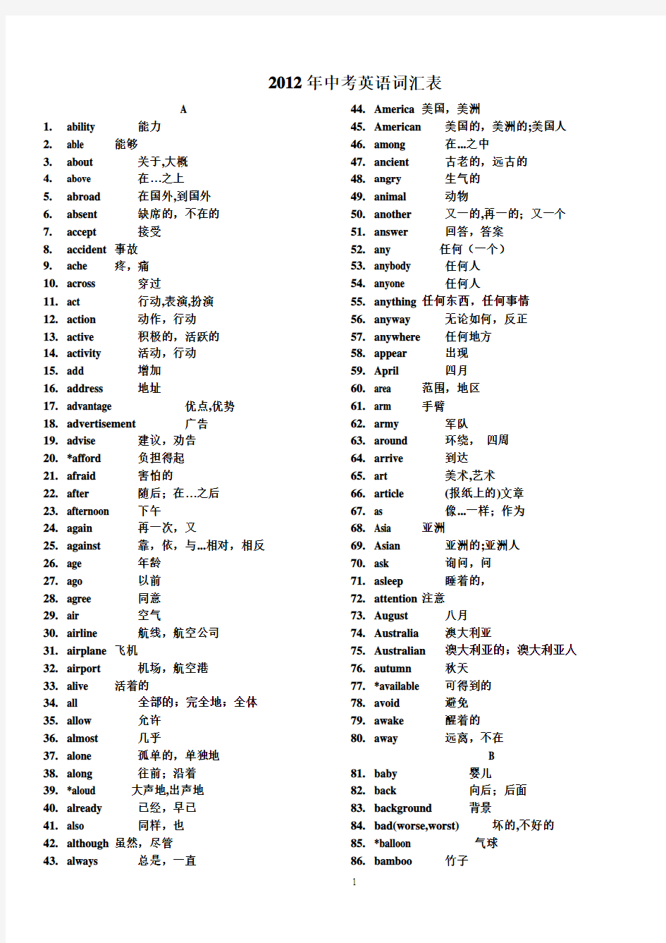 2012年中考英语词汇表