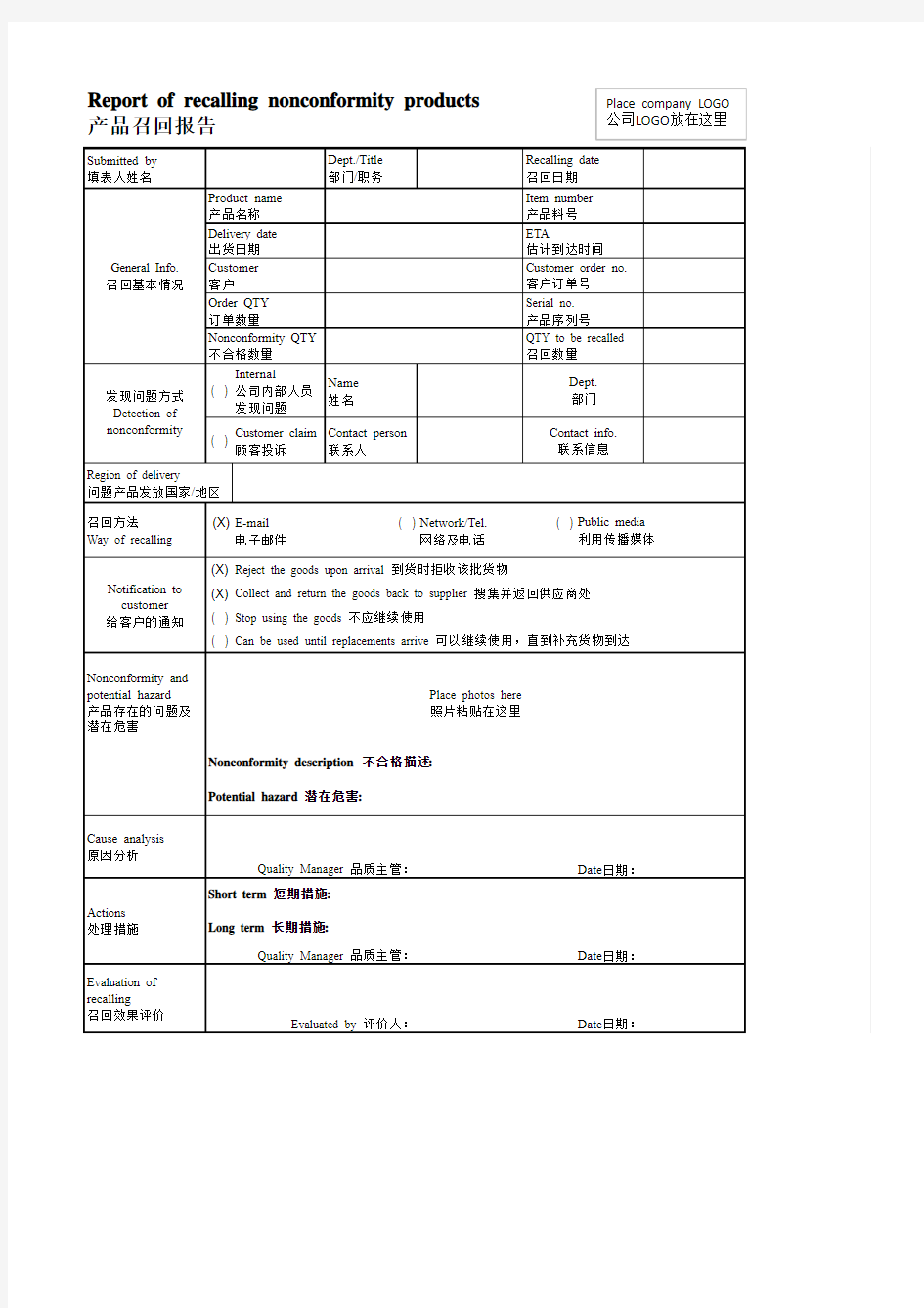 产品召回报告_Report of recalling nonconformity product