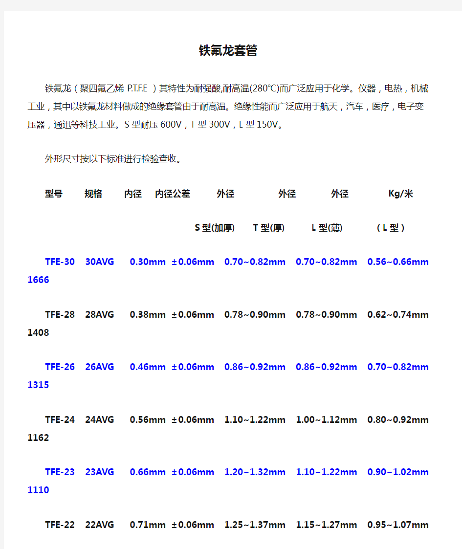 铁氟龙套管尺寸对比