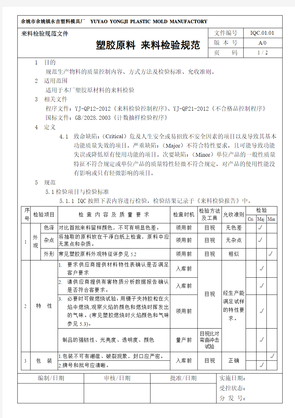 来料检验规范 IQC-01.01.0 塑料原料