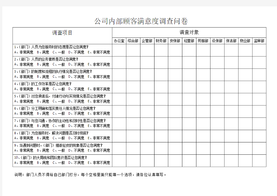 内部顾客满意度调查问卷