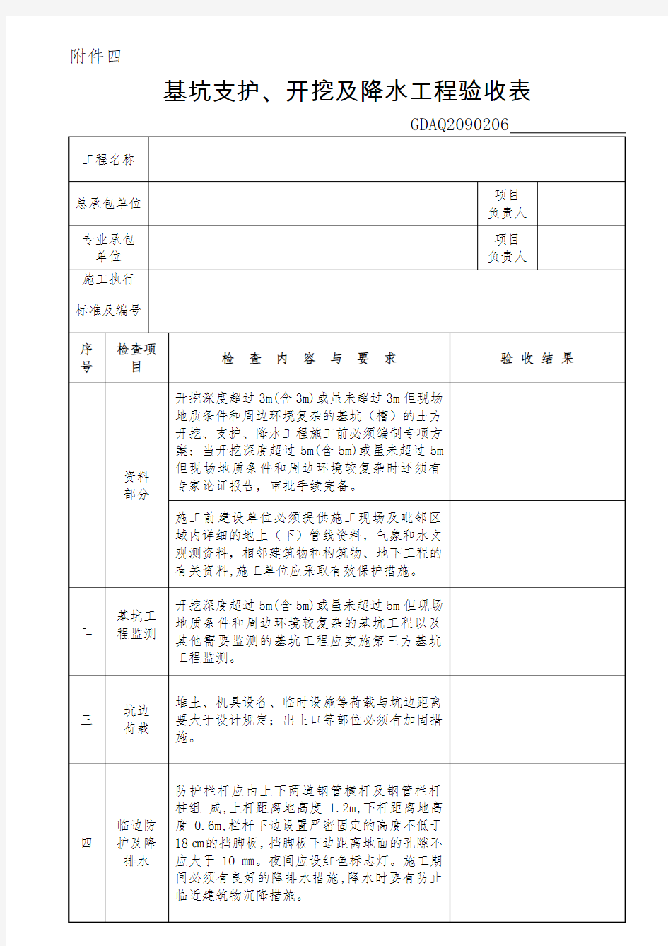 基坑支护、开挖及降水工程验收表