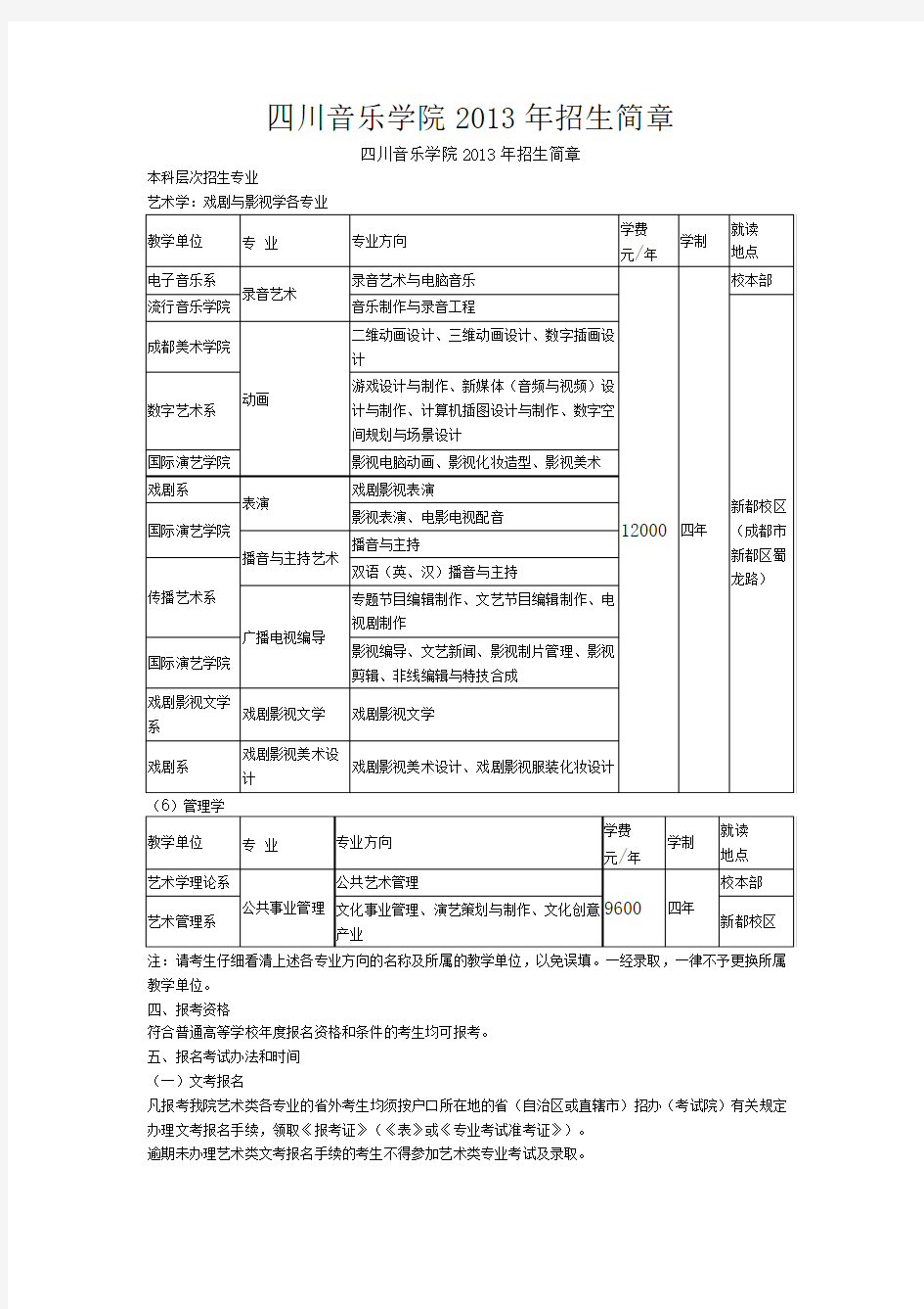 四川音乐学院2013年招生简章