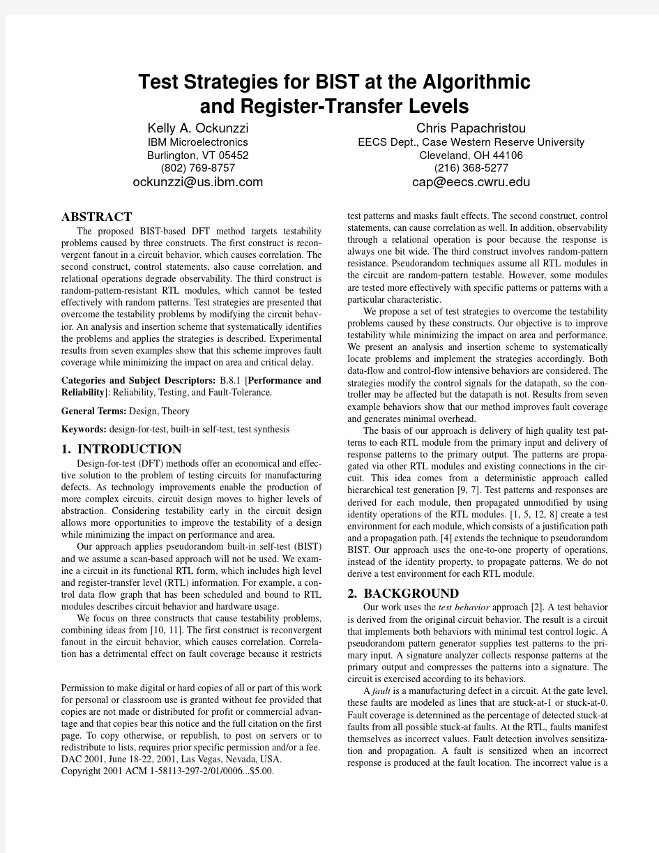 Test Strategies for BIST at the Algorithmic and Register-Transfer Levels