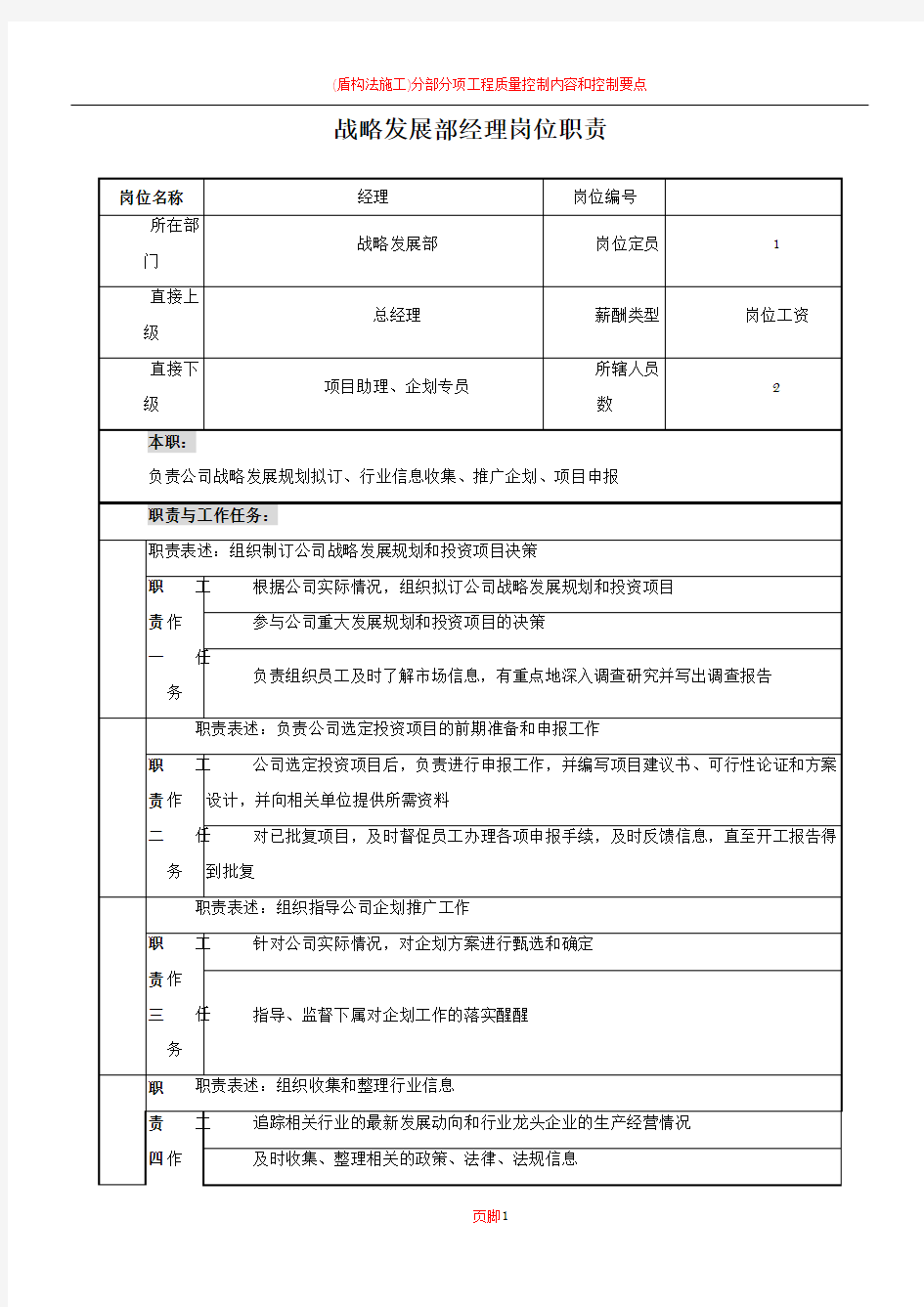 战略发展部经理岗位说明书