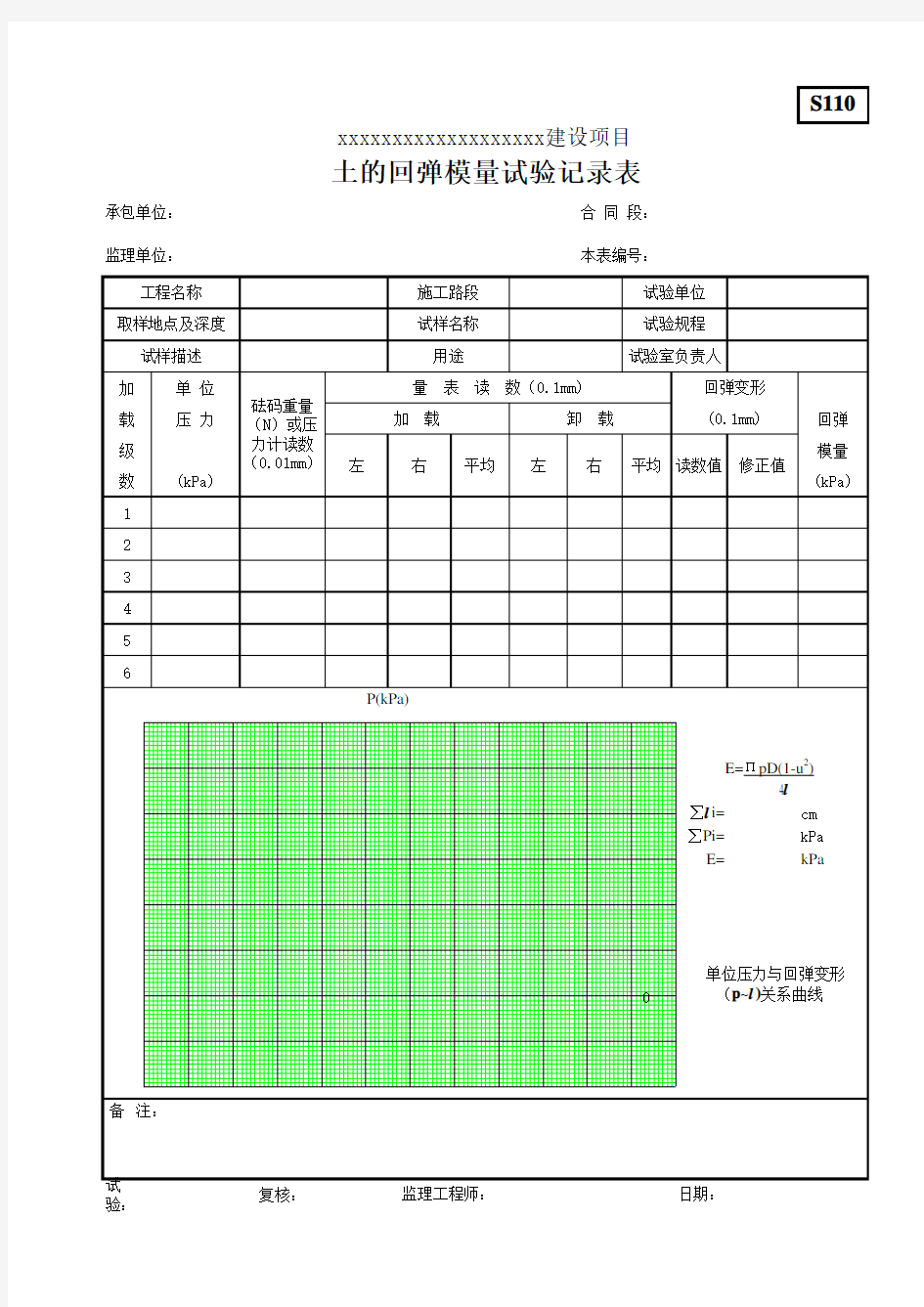 土的回弹模量试验记录表