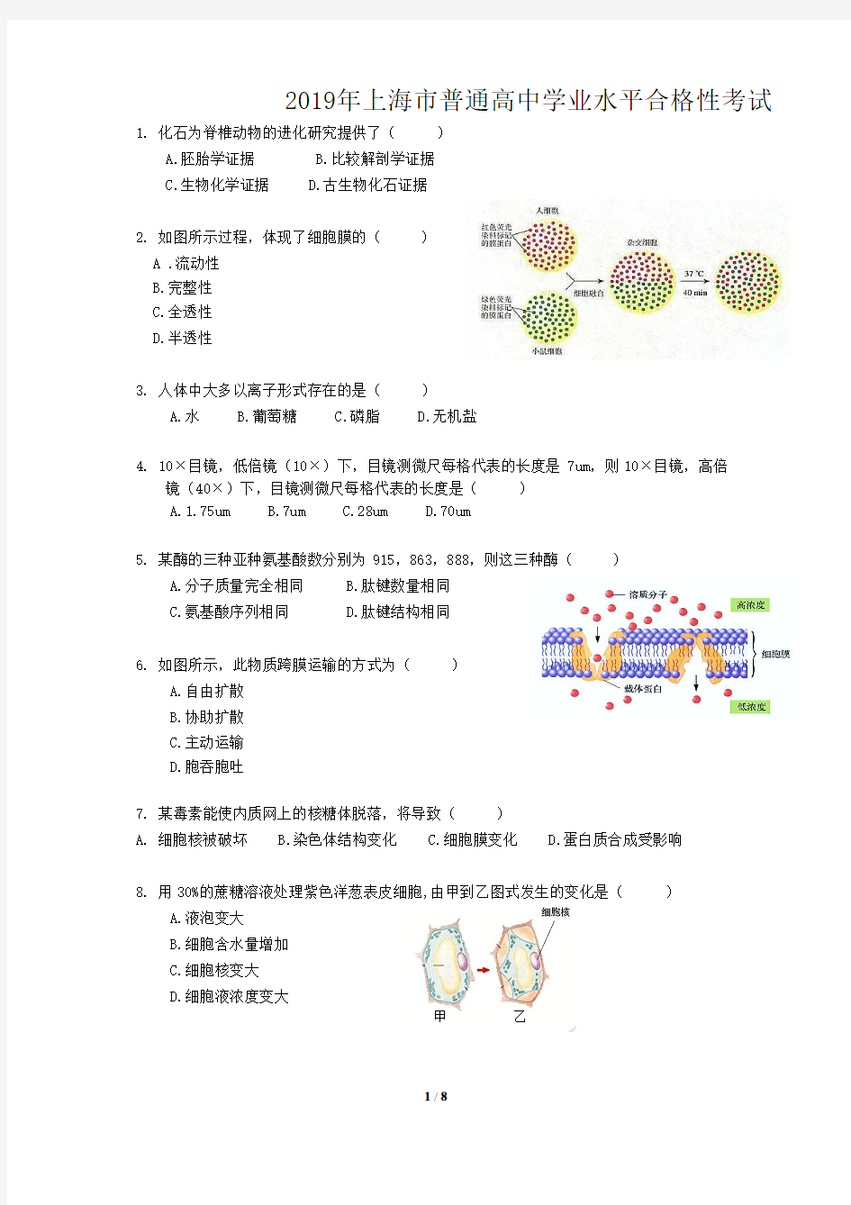 2019年上海市普通高中学业水平合格性考试