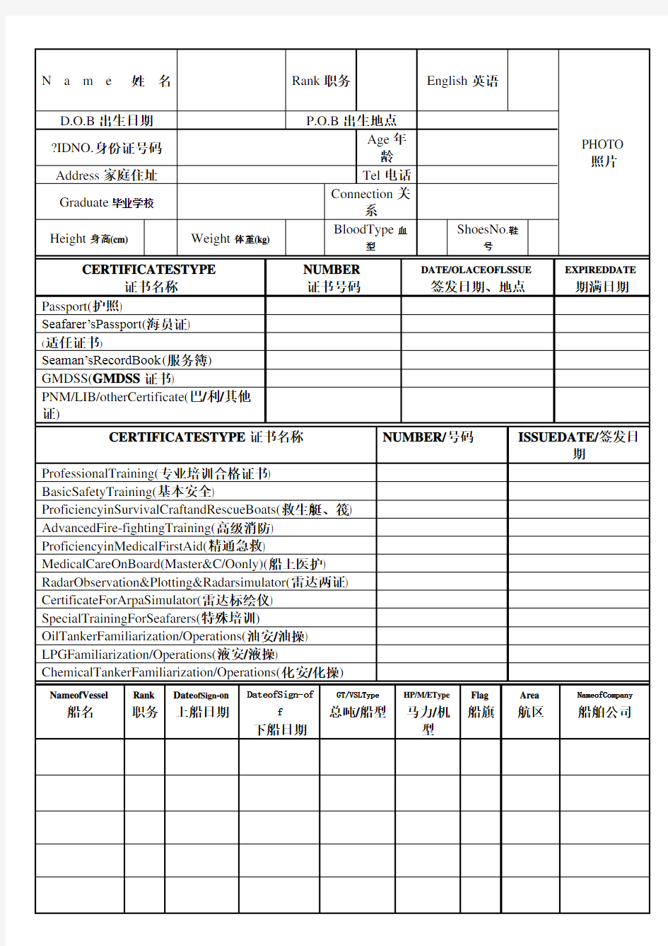 船员简历表 样本