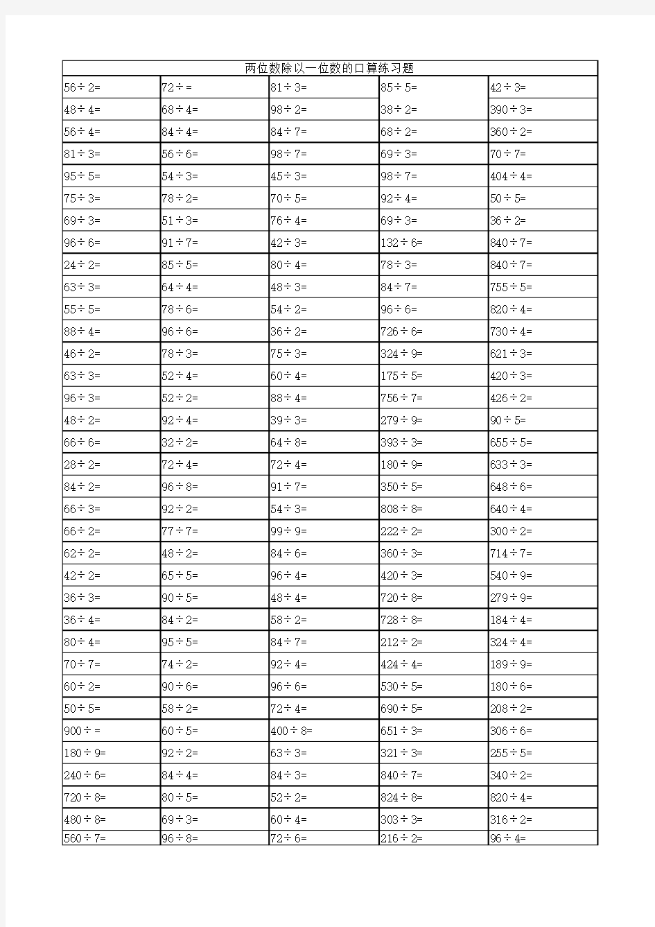 两位数除以一位数口算练习题