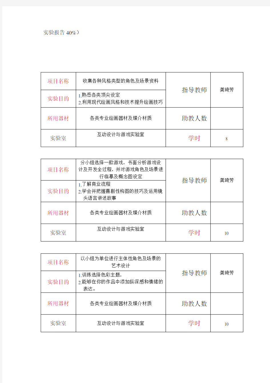 《》实验项目教学大纲体例