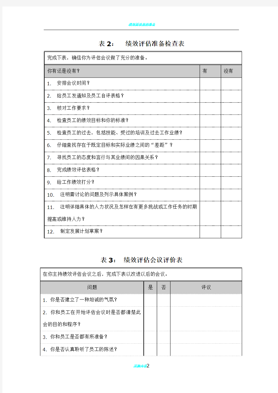 绩效面谈各类表格