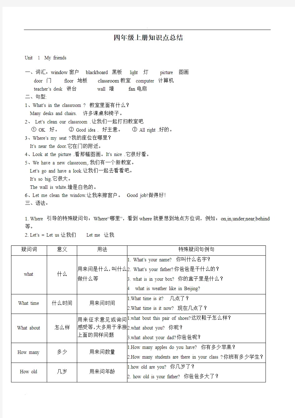 人教版小学四年级上册英语知识点归纳