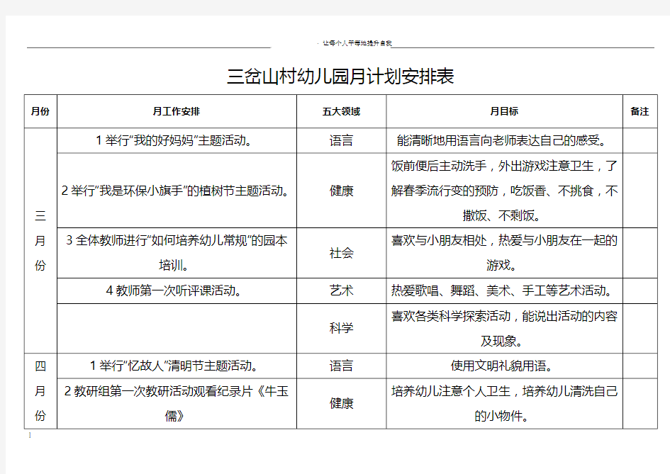 幼儿园月计划安排表