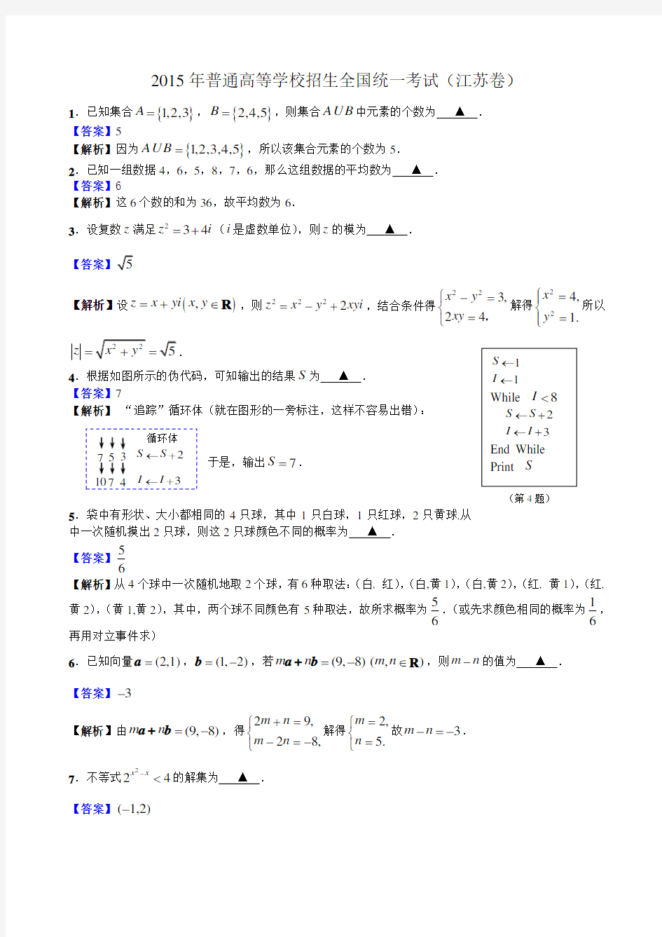 (完整版)2015年高考数学江苏卷