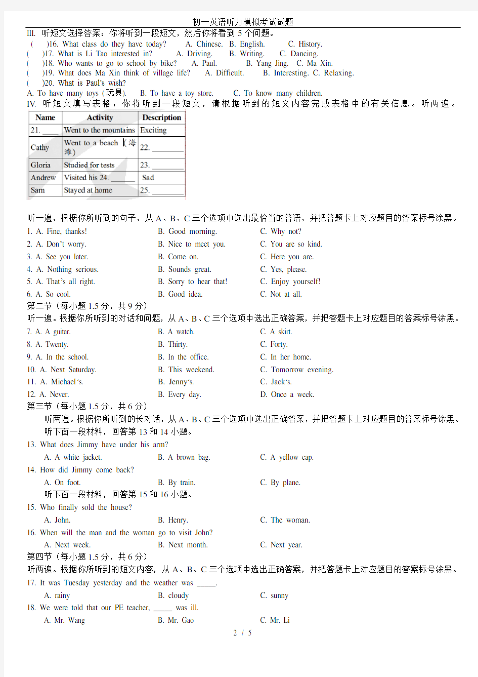 初一英语听力模拟考试试题