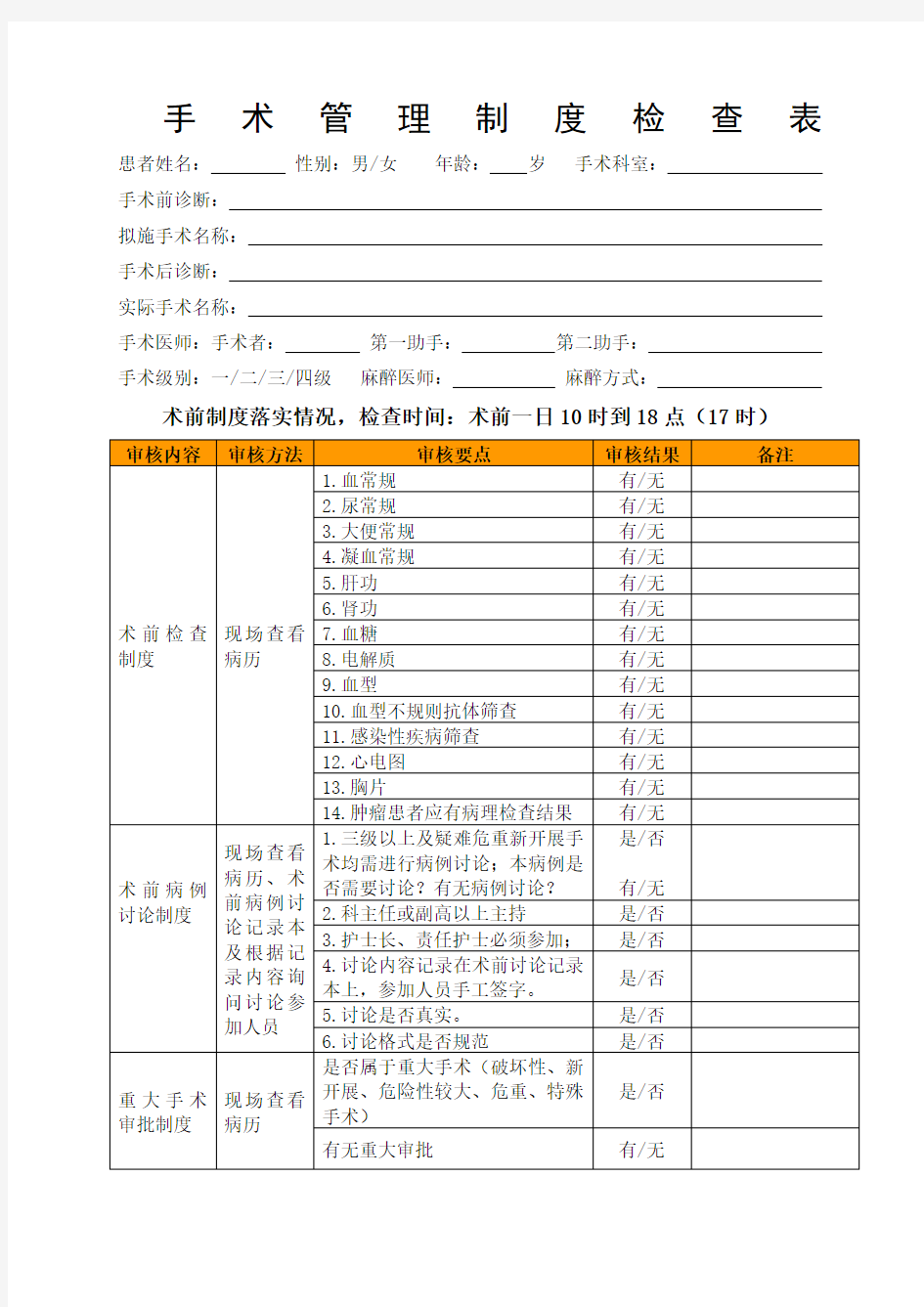 手术管理制度检查表术前后