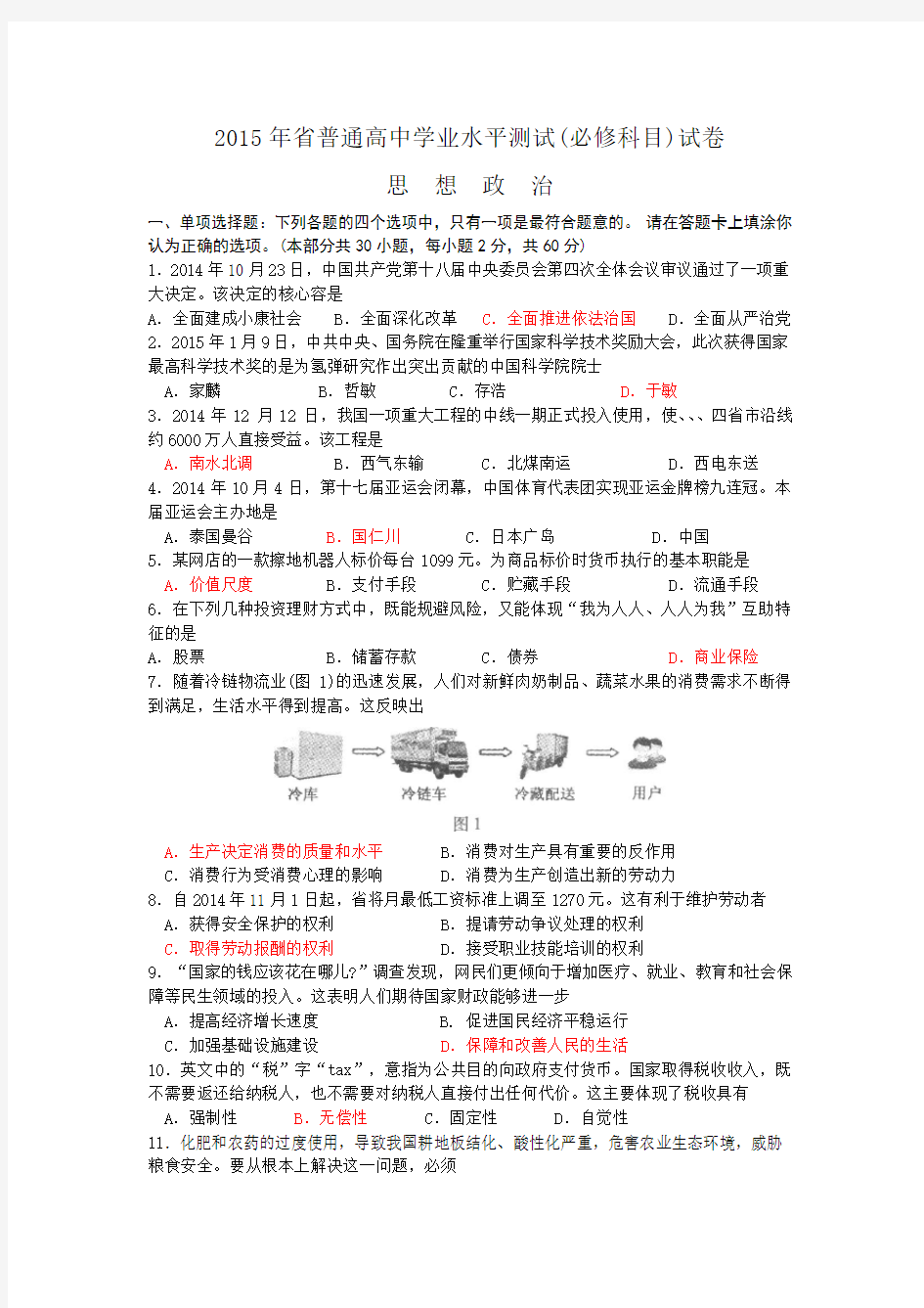 2015年江苏省普通高中学业水平测试(必修)政治试卷