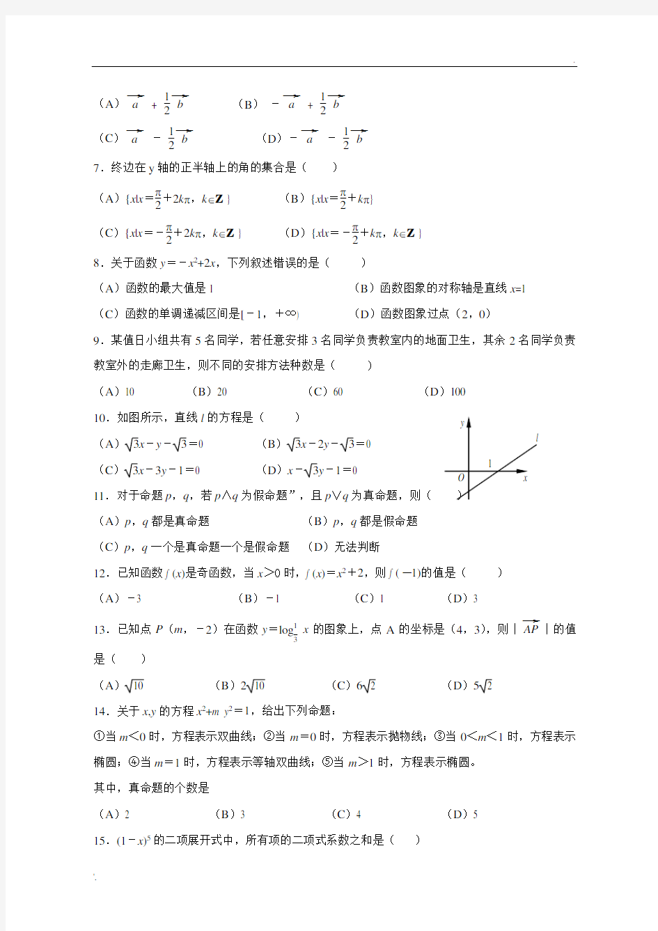 2015山东省春季高考数学试题和答案