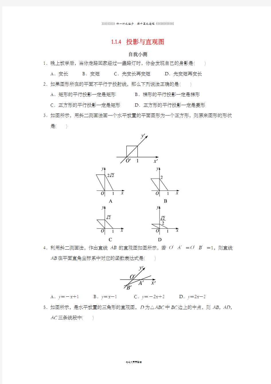 高中数学1.1空间几何体1.1.4投影与直观图自我小测新人教B版必修