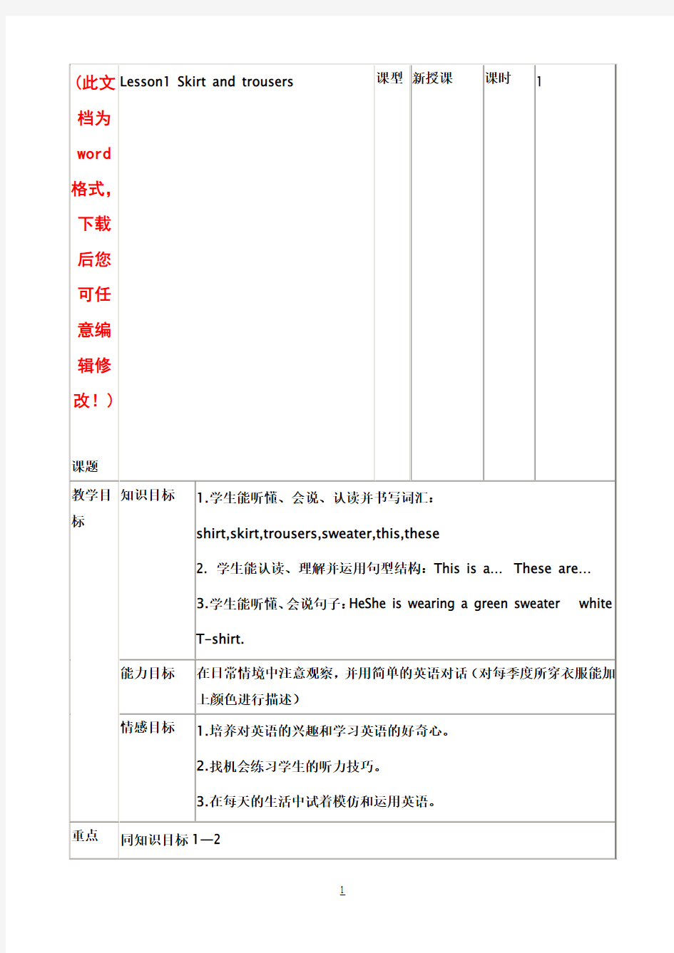 新版冀教版小学英语四年级教案