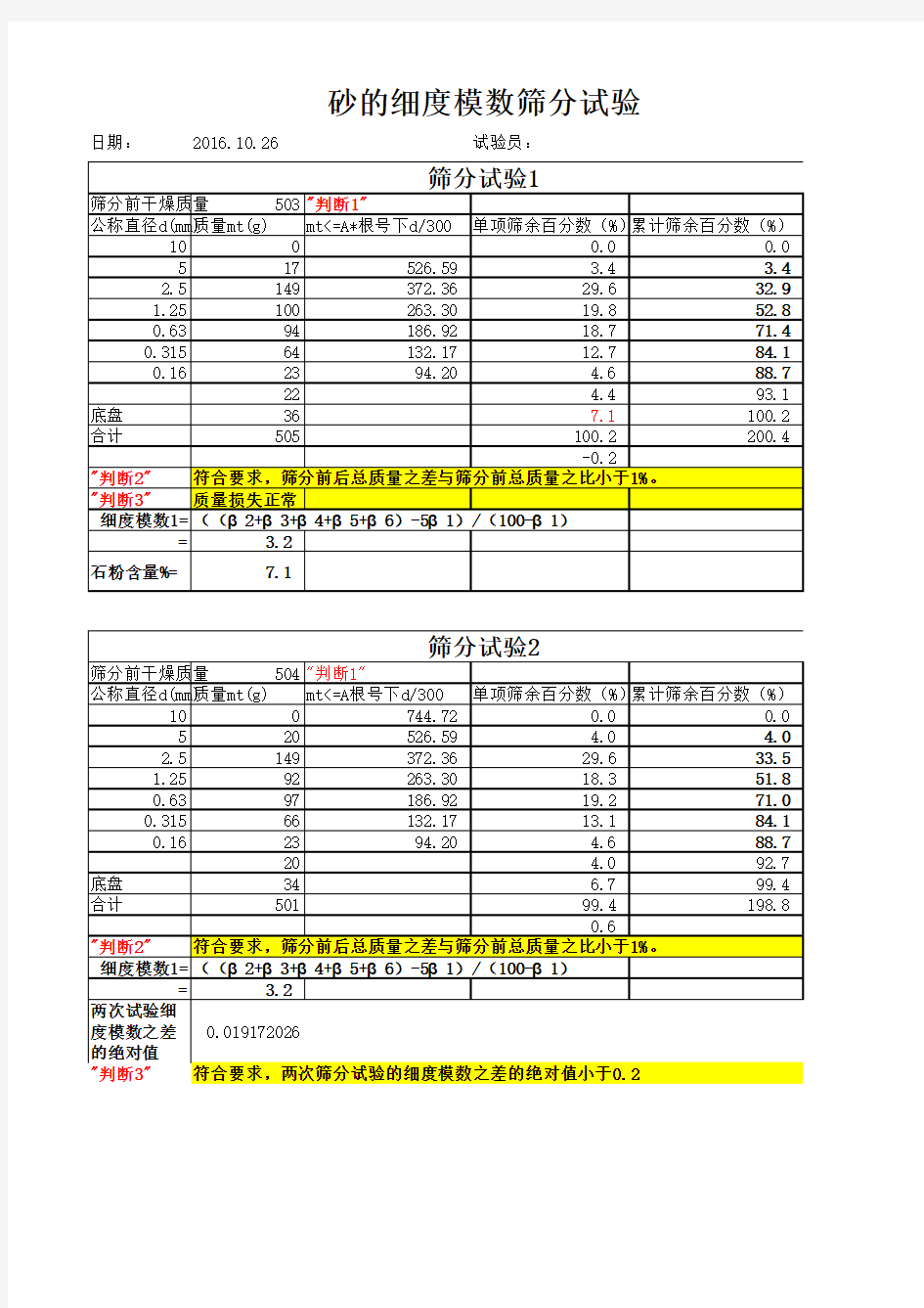 砂石细度模数计算模型