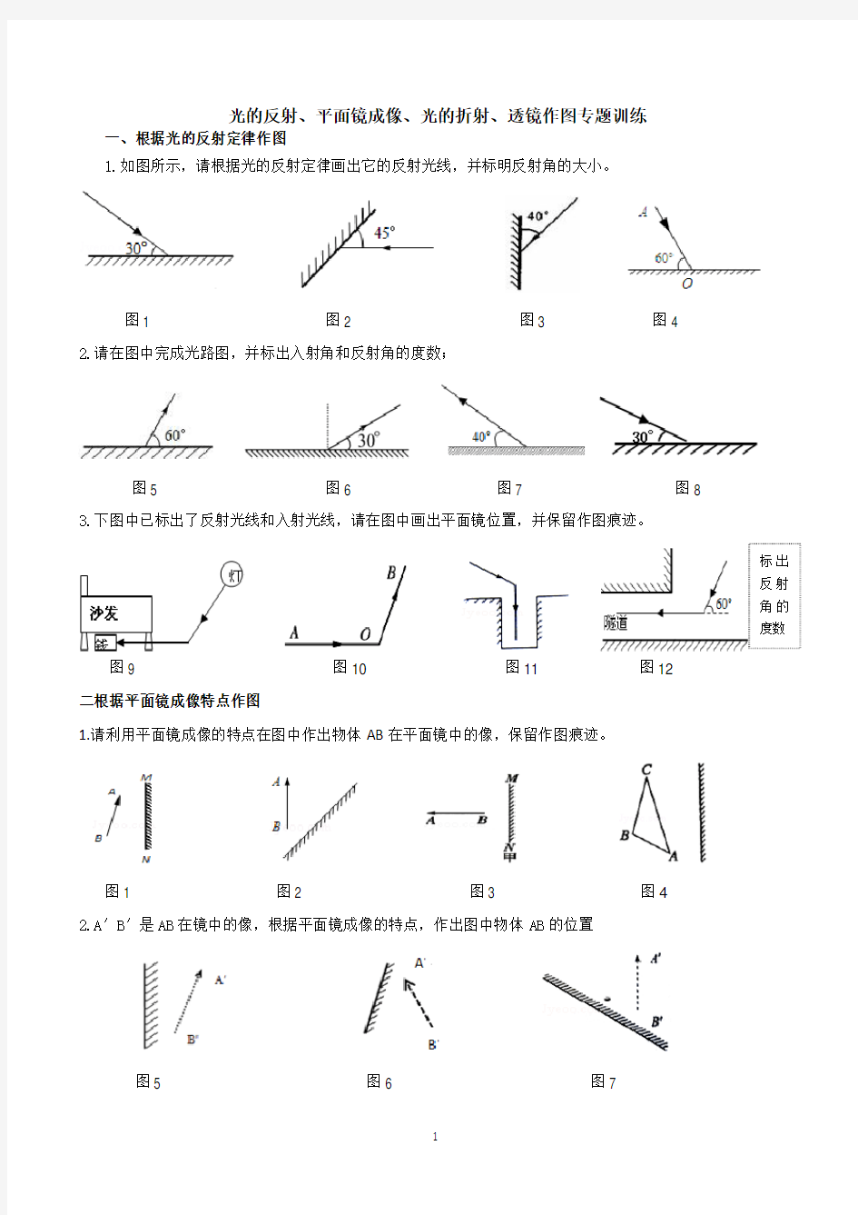 光的反射、平面镜成像、光的折射、透镜作图专题