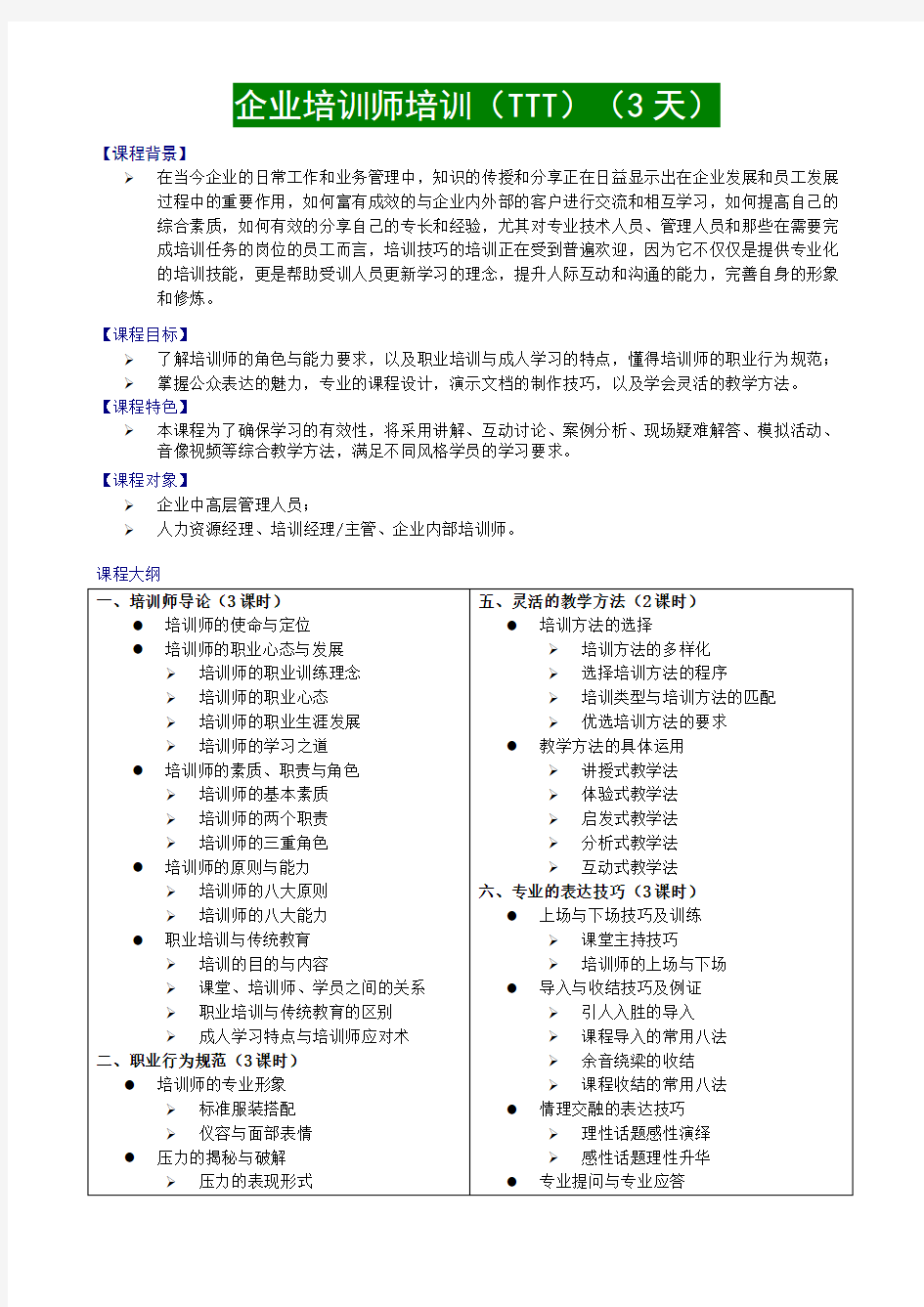 企业培训师培训(TTT3天)课程大纲