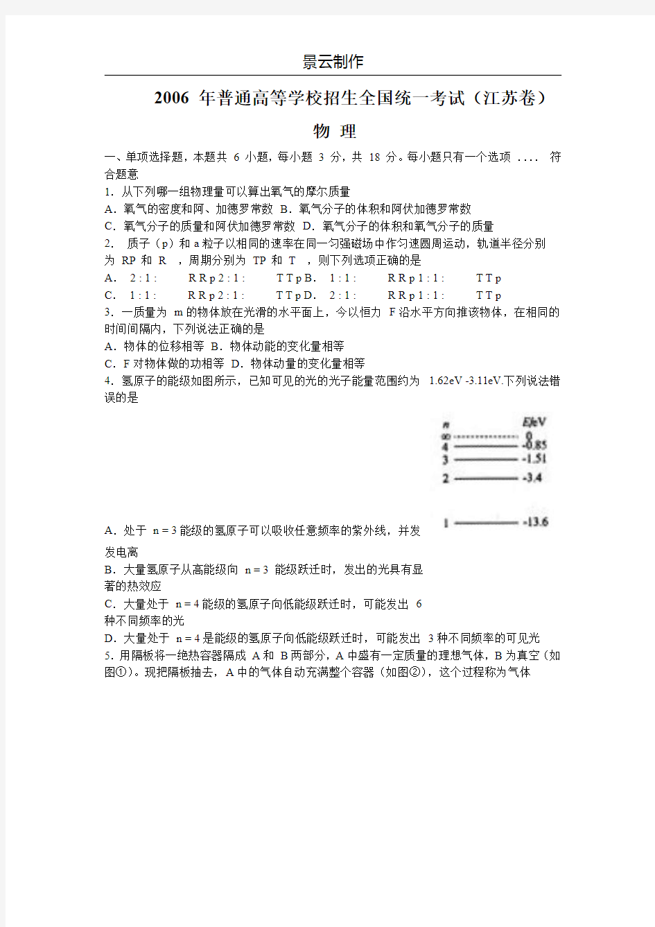 2006 年高考物理试题及答案(江苏卷)