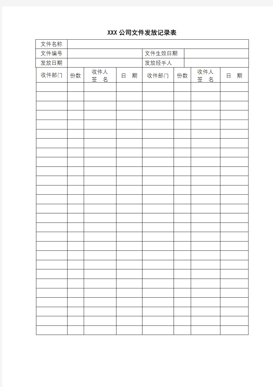 XXX公司文件发放记录表