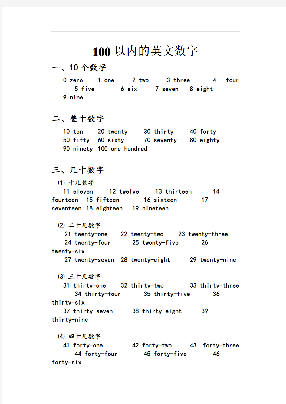 100以内的英文数字