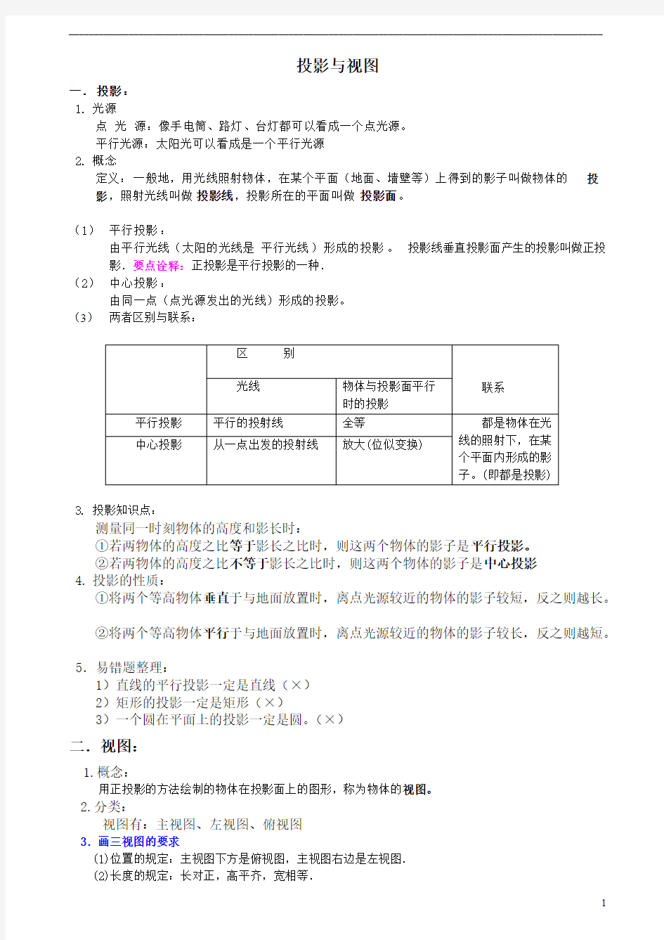 (完整版)投影与三视图知识点与检测题,推荐文档