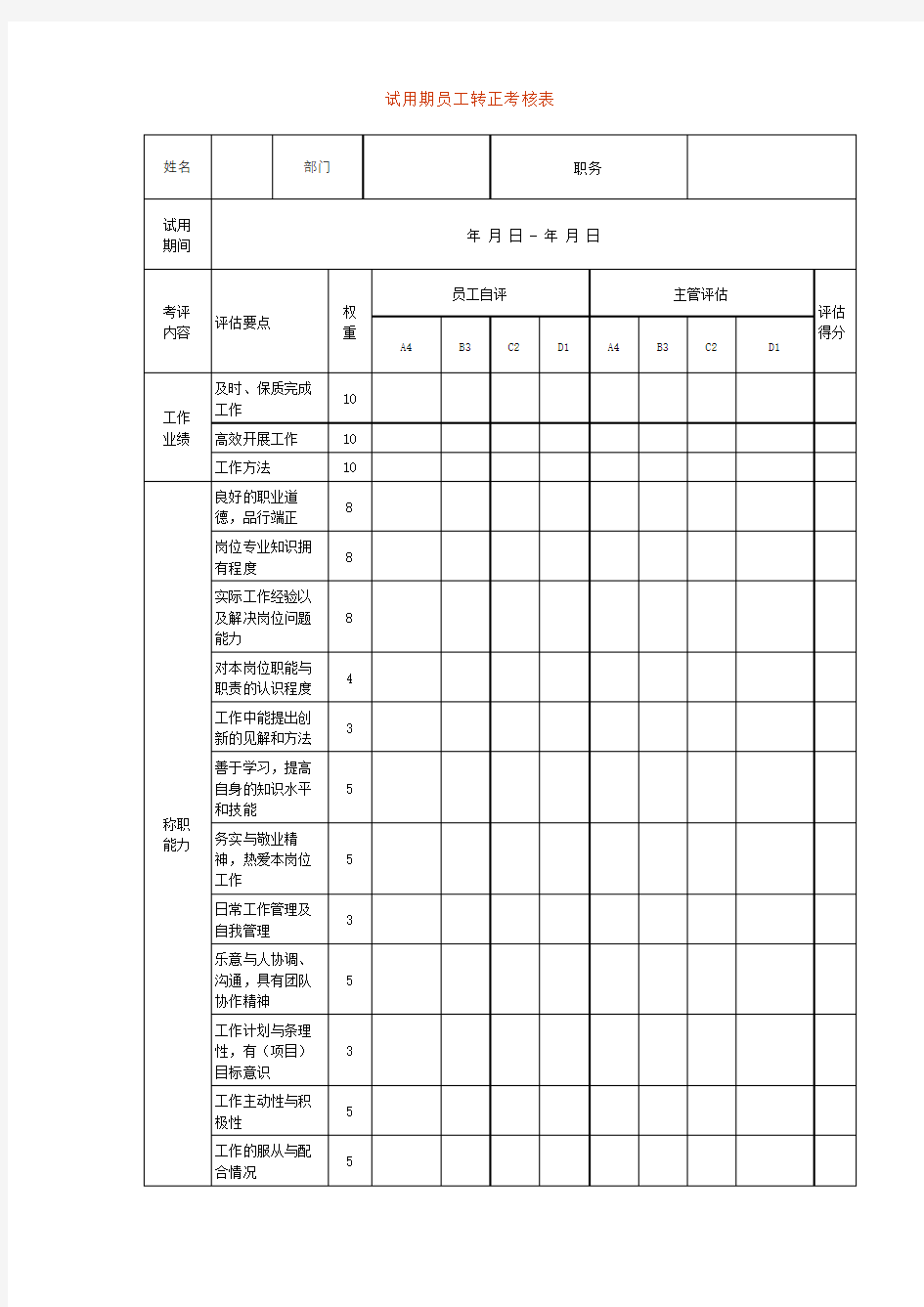 试用期员工转正考核表