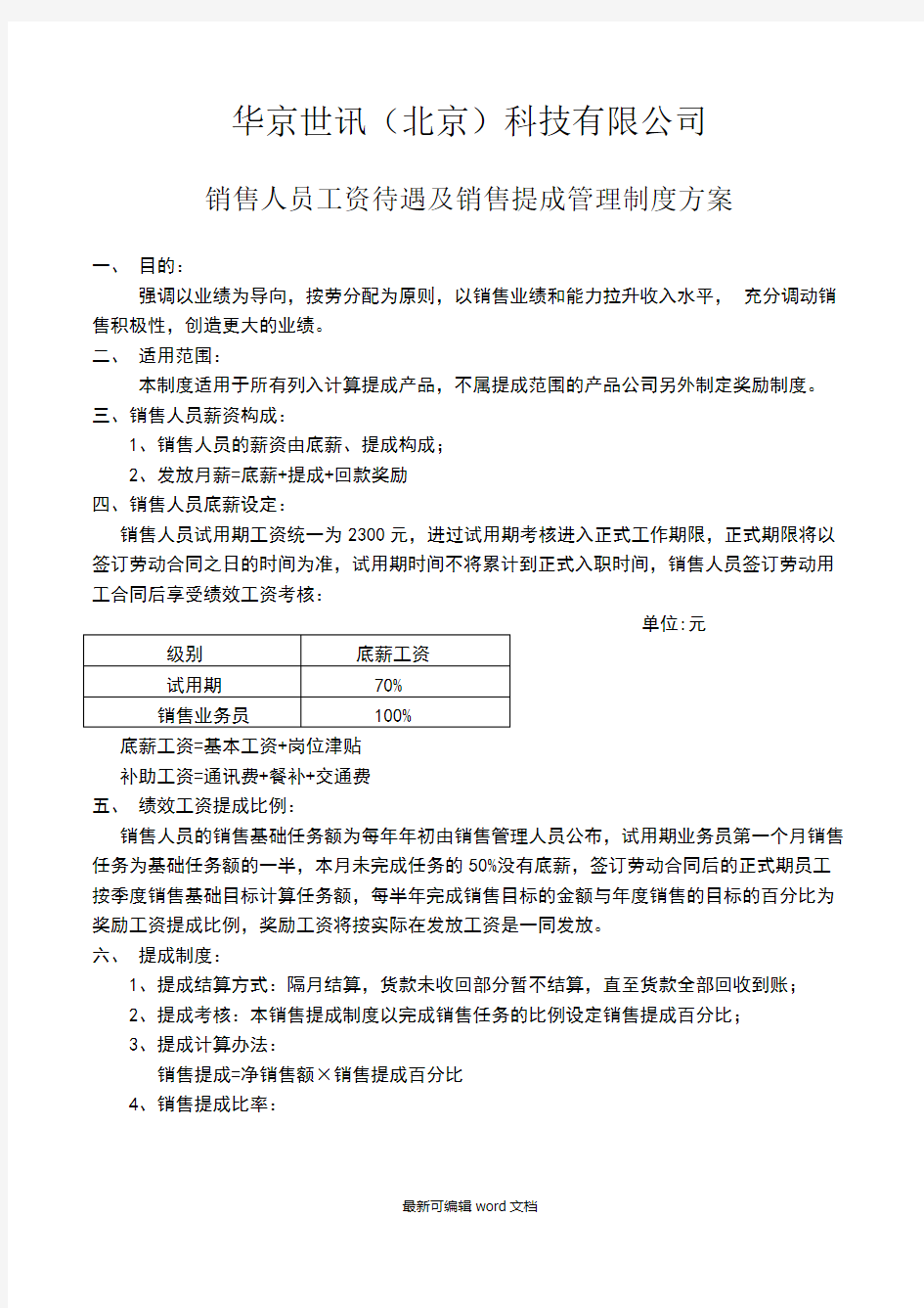 销售人员工资待遇及销售提成管理制度方案最新版本