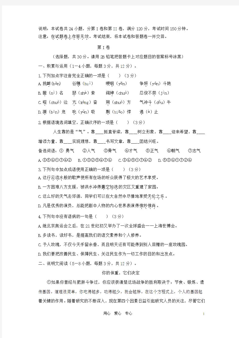 四川省中考语文模拟试题三 人教新课标版