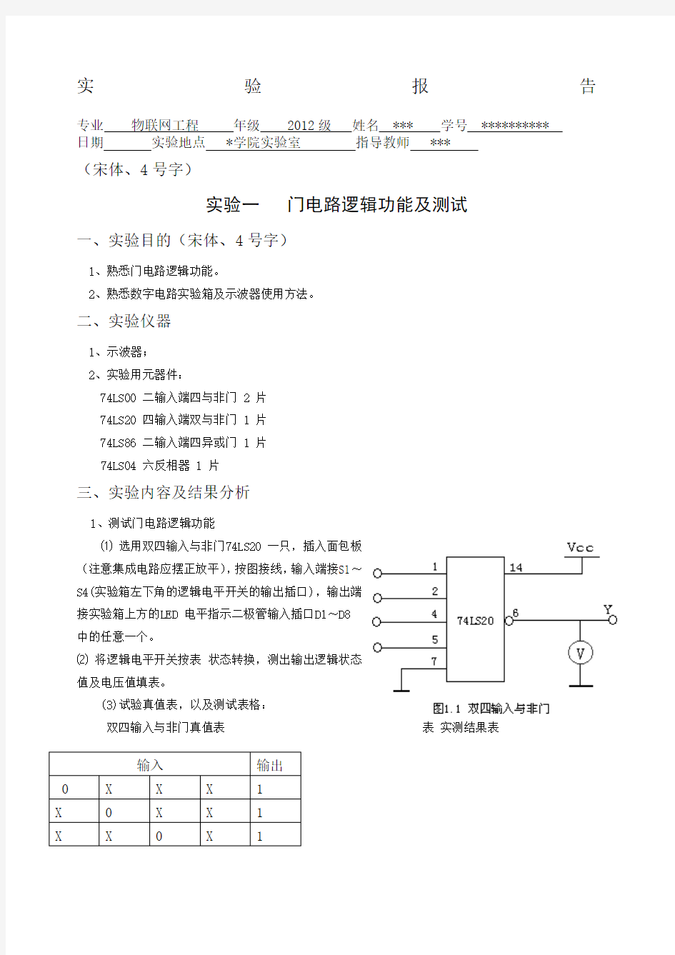 门电路逻辑功能测试实验报告