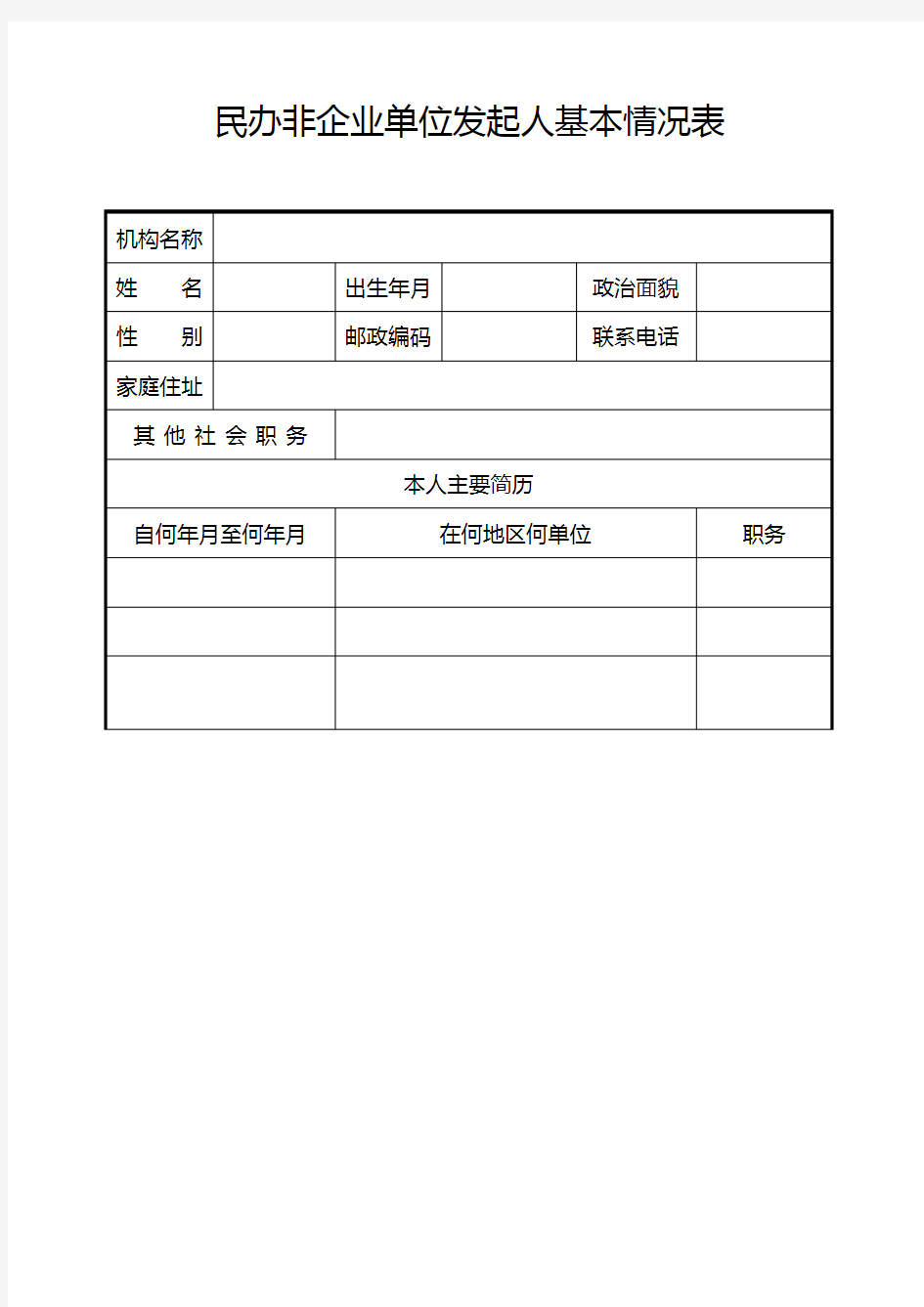 民办非企业单位发起人基本情况表