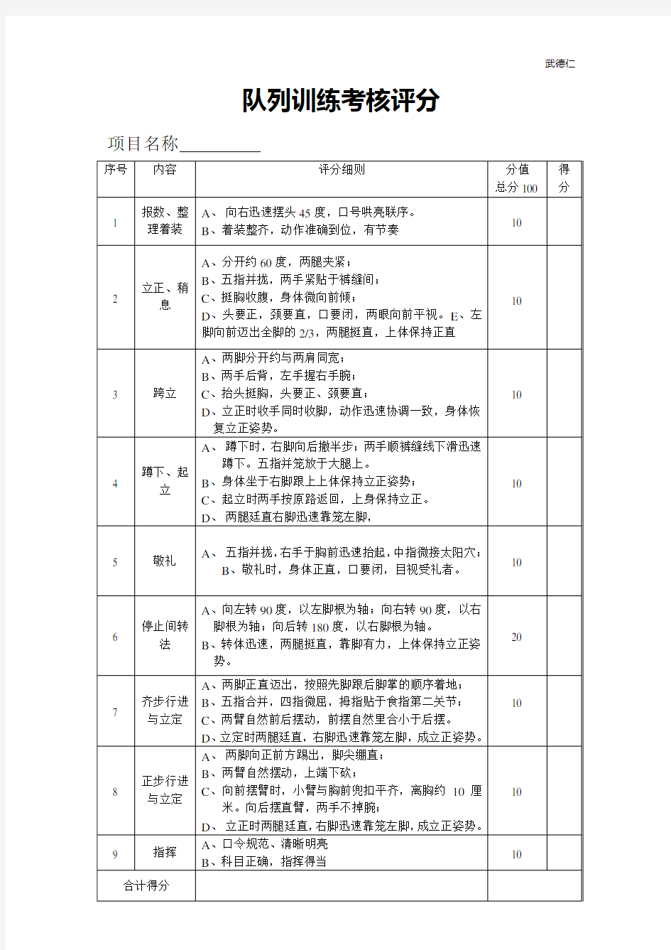 队列训练考核标准