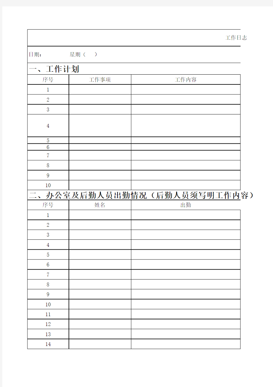 人事后勤工作日志表