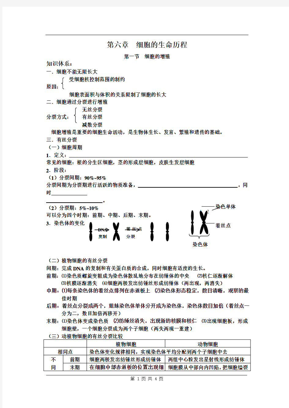 人教版教学教案必修1 细胞的增殖学案