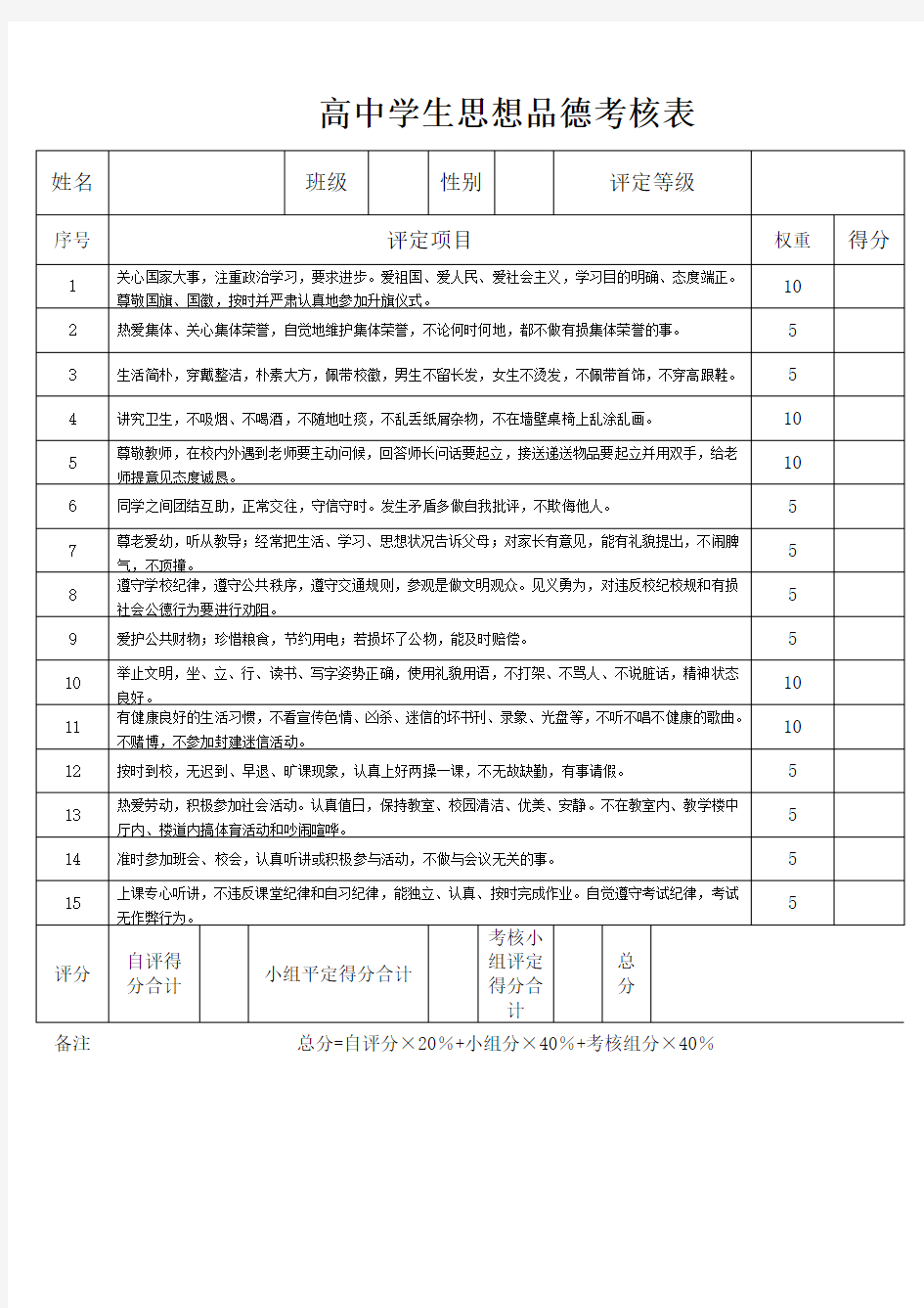 高中学生思想品德考核表