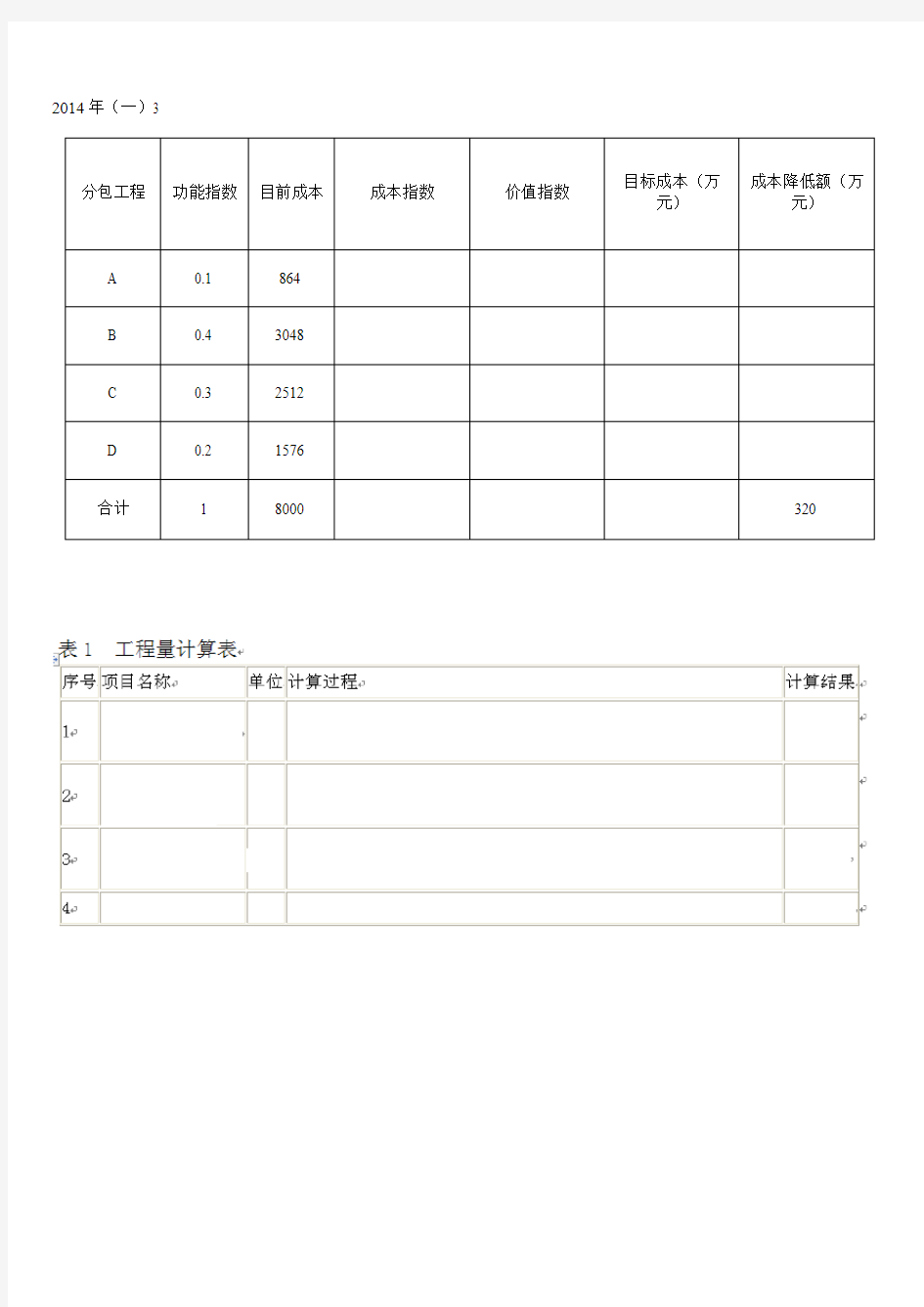 2014年造价工程师案例分析考试答题卡表格