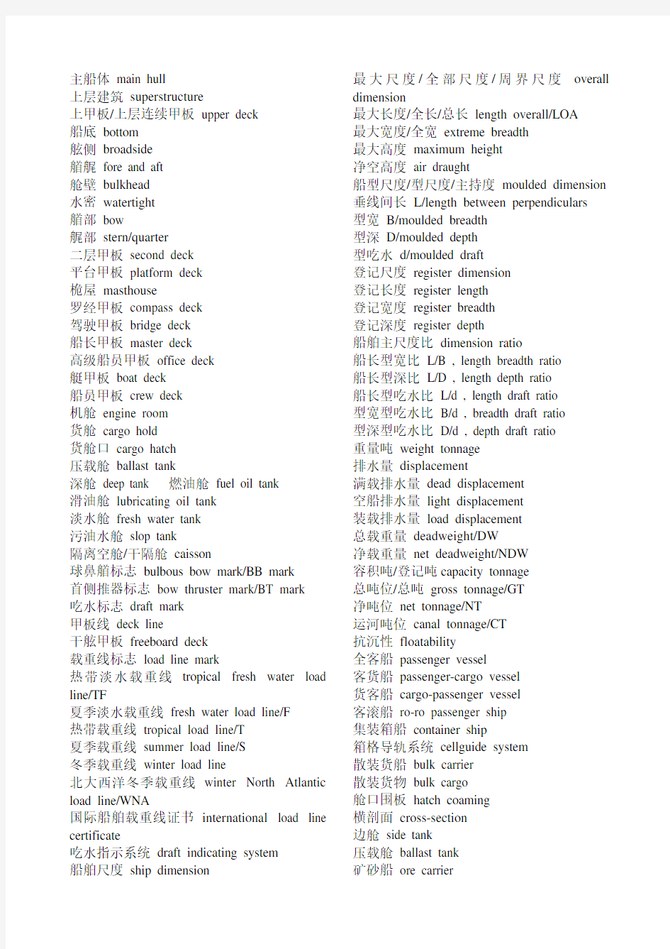 中英对照船舶结构术语