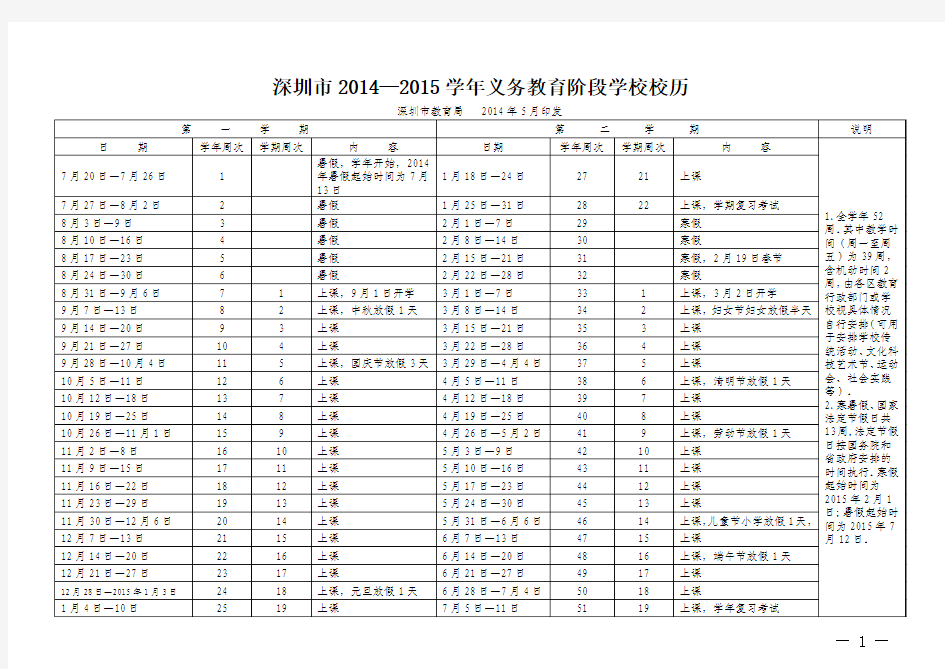 深圳市2014—2015学年义务教育阶段学校校历