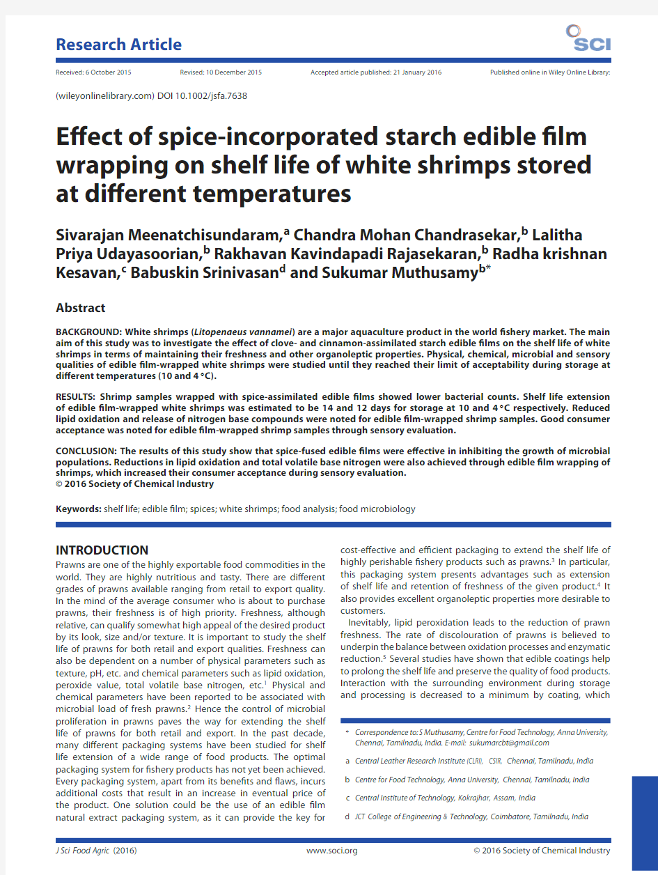 Effect of spice incorporated starch edible film wrapping on shelf life of white shrimps