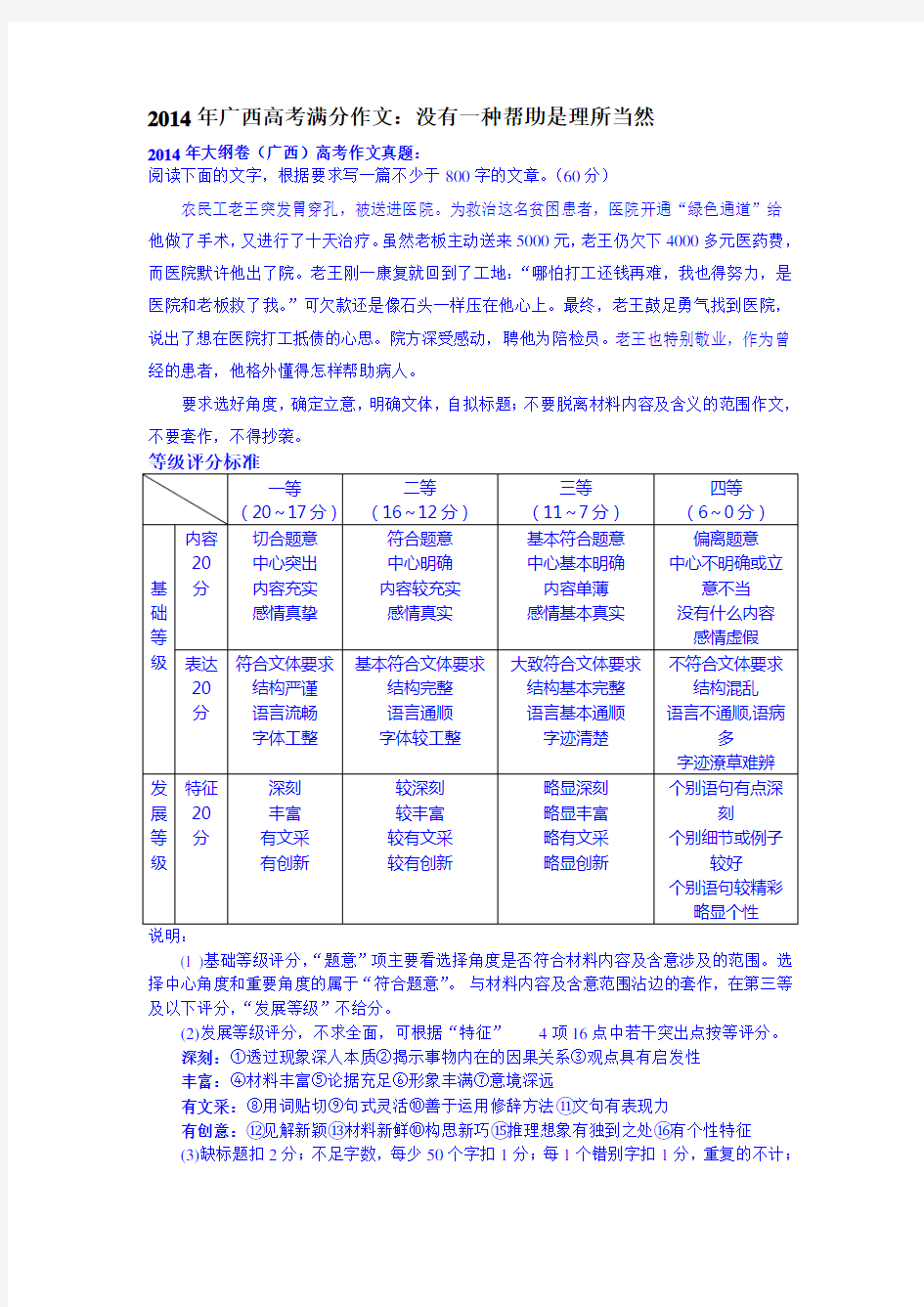 2014年广西高考满分作文：没有一种帮助是理所当然