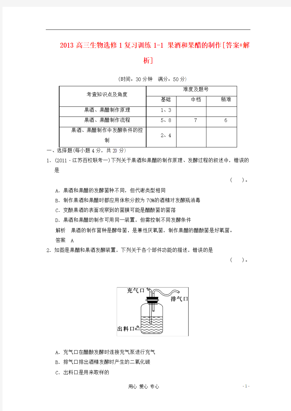 2013高考生物复习训练1-1 果酒和果醋的制作 新人教版选修1