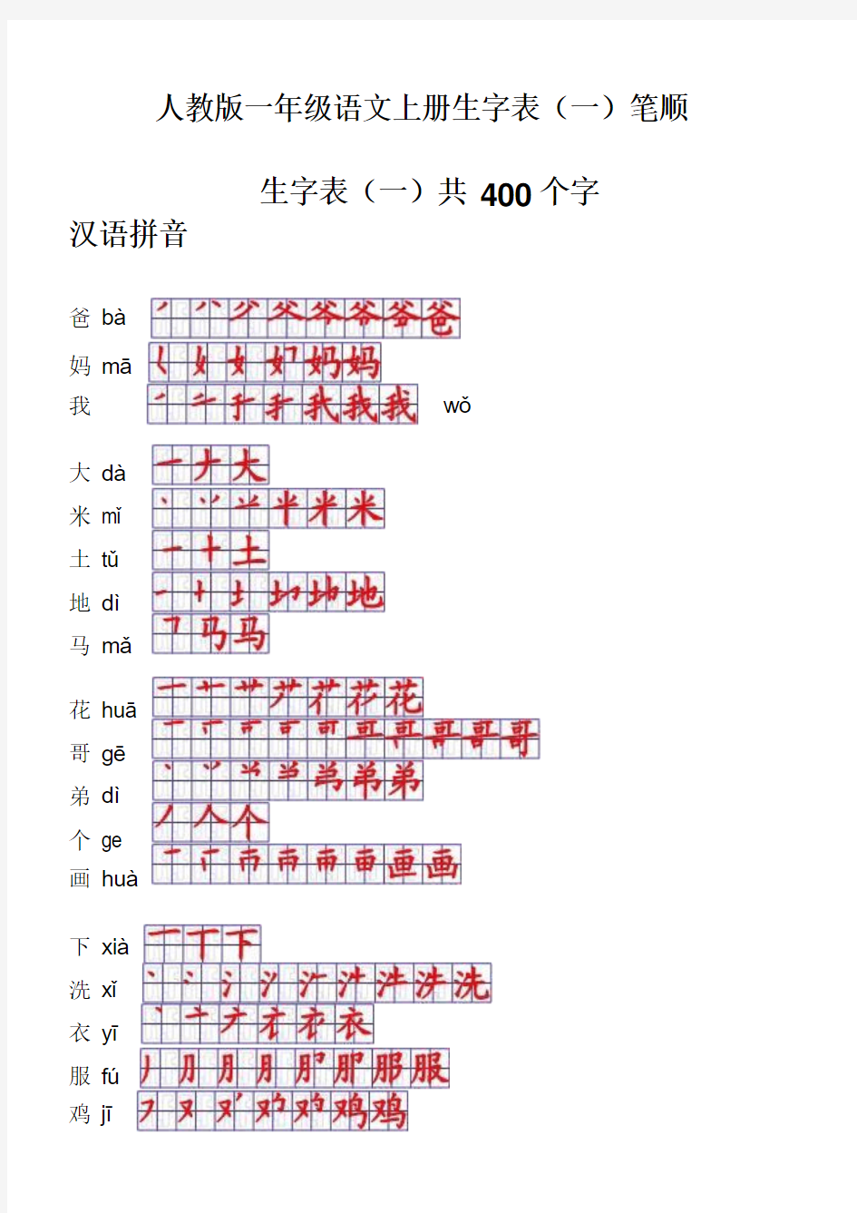 人教版一年级语文上册生字表笔顺表(Word)格式