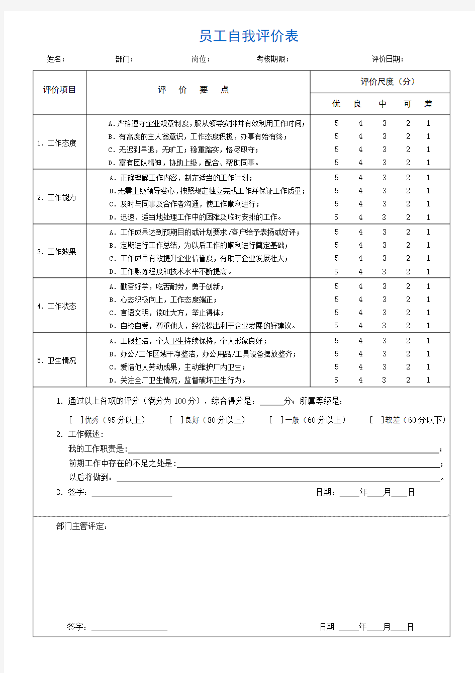 员工自我评价表